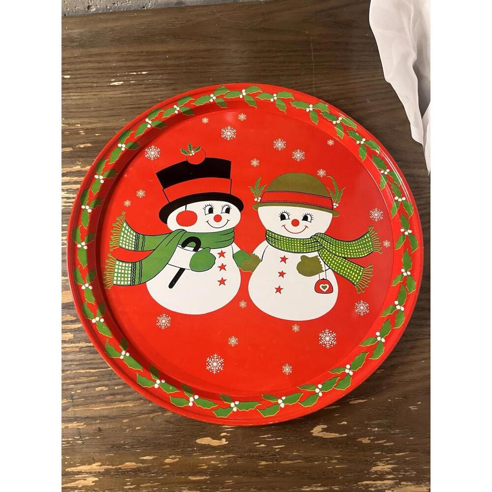 Vintage Metal Christmas Snowman Couple Serving Tray Made In Hong Kong 12.5”